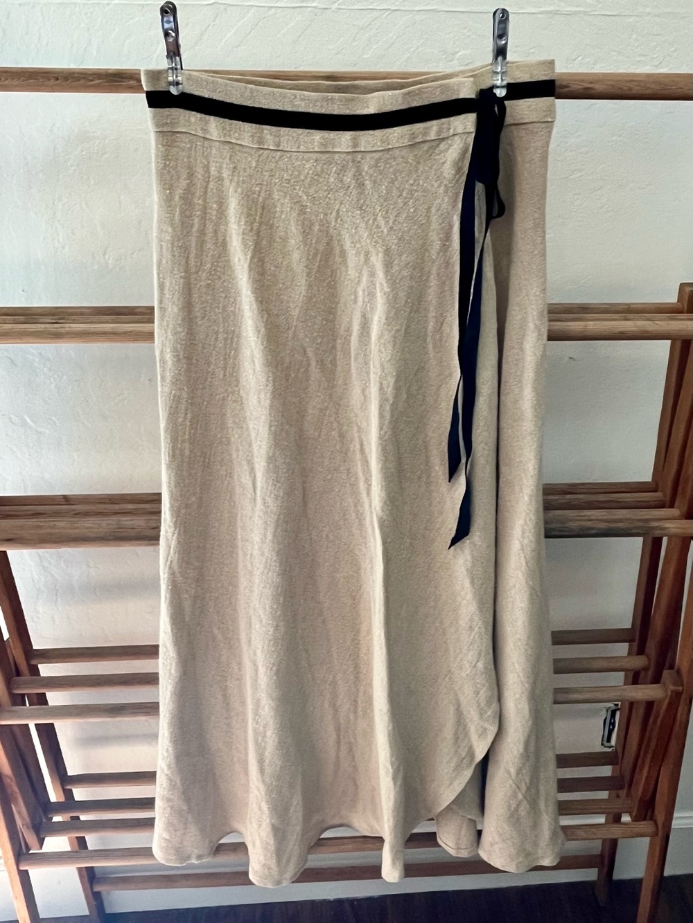Luxe Provence Natural Linen Wrap Midi Skirt with Black Tie